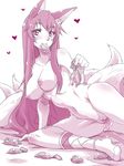  ahri animal_ears breasts condom condom_in_mouth fox_ears fox_tail large_breasts league_of_legends long_hair monochrome mori_shin_risuku mouth_hold multiple_tails nipples nude pussy solo tail used_condom 