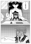  2girls admiral_(kantai_collection) admiral_shiro_(shino) akatsuki_(kantai_collection) akebono_(kantai_collection) blush comic embarrassed full-face_blush greyscale hat kantai_collection long_hair military military_uniform monochrome multiple_girls naval_uniform nose_blush open_mouth pointing sanpaku school_uniform serafuku shino_(ponjiyuusu) side_ponytail sitting sitting_on_person translated trembling uniform 