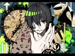  abstract arrow bad_id bad_pixiv_id bandage_over_one_eye black_hair brown_eyes cityscape clock clockwork flat_color hair_over_one_eye hand_on_neck hatching_(texture) heart letterboxed looking_at_viewer male_focus original short_hair sketch umbrella water_drop 