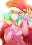  bakemonogatari blouse brown_eyes cabbie_hat green_hair hat jacket jacket_on_shoulders konko monogatari_(series) ren'ai_circulation sengoku_nadeko short_hair 