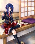  bad_id bad_pixiv_id black_legwear blue_hair blush girlfriend_(kari) hibara_eiko highres looking_at_viewer miyatomo_(hibaraya) purple_eyes short_hair sitting skirt smile solo 