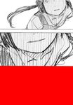  asahina_hiyori bad_id bad_pixiv_id black_hair close-up comic flat_chest floating_hair head_out_of_frame kagerou_days_(vocaloid) kagerou_project light_smile long_hair looking_at_viewer low_twintails monochrome one_eye_covered osa_(osakana1217) parted_lips simple_background sketch smile spot_color surprised twintails white_background 