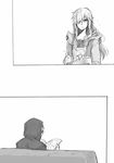  1girl comic couch greyscale hood hoodie kagerou_project kano_shuuya kido_tsubomi long_hair monochrome saotome_hiyori short_hair towel 