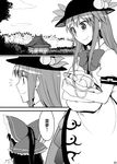  bag blush bow bowtie chameleon_(ryokucha_combo) comic food fruit greyscale hair_bow hakurei_reimu hat hinanawi_tenshi monochrome multiple_girls peach touhou translated 