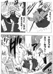  2girls :d d: fang greyscale kirisame_marisa landing master_spark monochrome multiple_girls open_mouth outstretched_arms rumia shaded_face smile spread_arms surprised touhou translation_request v-shaped_eyebrows vu_(oyavun) 