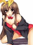  1boy all_fours animal_ears blazer blush brown_eyes brown_hair bunny_ears bunnysuit coat crossdress crossdressing leotard little_busters little_busters! long_hair masayu naoe_riki pixiv_thumbnail resized solo strapless trap 