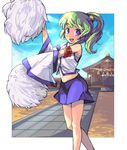  absurdres armband armpits blue_eyes cheerleader detached_sleeves green_hair highres kedama kochiya_sanae navel ponytail rope saiste shimenawa shrine solo touhou 