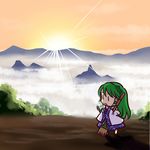  broom chibi cold fog frog green_hair hair_ornament kochiya_sanae long_hair mountain nature scenery socha solo sunset touhou |_| 