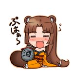  :d =_= alcohol animal_ears bad_id bad_pixiv_id bare_shoulders blush breasts brown_hair chibi cleavage copyright_request drunk fang geta gourd japanese_clothes jingai_modoki kimono large_breasts long_hair off_shoulder open_mouth raccoon_ears raccoon_tail sake simple_background sitting smile solo tail tanuki 