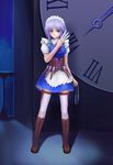  bad_id bad_pixiv_id braid hairband izayoi_sakuya knife maid pocket_watch red_eyes short_hair silver_hair solo thigh_strap thighhighs touhou twin_braids watch wudi_de_pangxie 