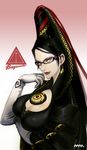  bayonetta bayonetta_(character) black_hair blue_eyes breast_hold breasts cleavage_cutout covered_nipples earrings elbow_gloves eyeshadow glasses gloves jewelry large_breasts lips lipstick long_hair makeup mhk_(mechamania) mole mole_under_mouth smile solo very_long_hair 