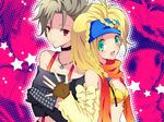  2girls bare_shoulders bikini_top blonde_hair choker crossed_arms endresswlts female final_fantasy final_fantasy_x final_fantasy_x-2 fingerless_gloves gloves green_eyes grey_hair headband jewelry long_hair multiple_girls necklace open_mouth paine red_eyes rikku rugo scarf short_hair suspenders waving 