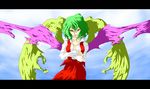  :p crazy_eyes crossed_arms fujinohara_akihira green_hair highres kazami_yuuka letterboxed red_eyes short_hair skirt skirt_set solo tongue tongue_out touhou vest wings 