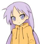  alternate_hairstyle blue_eyes blush_stickers close-up hiiragi_kagami hood hoodie long_hair lucky_star purple_hair simple_background solo tsurime twintails yamaden_(gottamix) 
