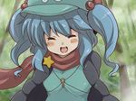 aoi_tobira arms_behind_back blue_hair blush blush_stickers closed_eyes forest hair_bobbles hair_ornament happy hat kawashiro_nitori laughing nature open_mouth scarf short_hair smile solo star touhou two_side_up 