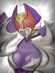  breasts cape emphasis_lines grey_background kamen_rider kamen_rider_dcd kamen_rider_kivala large_breasts looking_at_viewer nakao purple_skin red_eyes simple_background solo upper_body 
