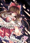  bad_id bad_pixiv_id bow branch brown_hair cherry_blossoms detached_sleeves frills gohei hair_bow hakurei_reimu half_updo hands ofuda one_eye_closed open_mouth red_eyes sarashi short_hair smile solo sousouman touhou 