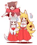  :&lt; :3 animal_ears bad_id bad_pixiv_id blonde_hair blush_stickers brown_hair cat_ears chibi copyright_request crossed_arms fang floating fox_ears grin happy hitodama japanese_clothes jingai_modoki kimono kyuubi long_hair miko multiple_girls multiple_tails paw_print short_hair silver_hair smile tail 