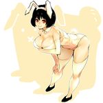  aguhari animal_ears bad_id bad_pixiv_id bent_over black_hair breasts bunny_ears bunnysuit cleavage copyright_request huge_breasts lowres red_eyes short_hair solo thighhighs thighs 