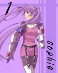  bad_id bad_pixiv_id bodysuit character_name garter_belt gauntlets long_hair lowres o-ring purple_background purple_eyes purple_hair shibanashi_miso solo sophie_(tales) tales_of_(series) tales_of_graces thighhighs twintails very_long_hair 