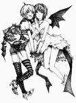  alternate_costume antediluvian bad_id bad_pixiv_id bare_shoulders barefoot dress fingerless_gloves flandre_scarlet gloves greyscale high_heels jewelry monochrome multiple_girls necklace panties remilia_scarlet shoes short_hair shorts siblings sisters striped striped_legwear thighhighs touhou traditional_media underwear wings 
