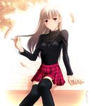  aizawa_kotarou arm_support bench black_legwear blonde_hair character_request copyright_request cross feathers jewelry leaf long_hair pendant plaid plaid_skirt red_eyes sitting skirt solo thighhighs turtleneck zettai_ryouiki 