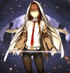  brown_hair coat ginka_sima jacket_on_shoulders legwear_under_shorts long_hair makise_kurisu necktie pantyhose red_neckwear shorts solo steins;gate 