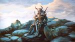  armor arsenixc bad_id bad_pixiv_id blue_eyes copyright_request horns male_focus mountain multiple_arms shield solo sword weapon 