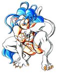  animal_ears blue_hair capcom cat_ears cat_tail catgirl claws darkstalkers eyes_closed felicia fur long_hair muscle muscular tail tongue vampire_(game) 