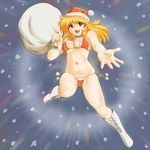 bad_hands bikini blonde_hair blue_eyes boots breasts cleavage cross-laced_footwear emphasis_lines foreshortening hands hat lace-up_boots lune_zoldark medium_breasts navel outstretched_arm outstretched_hand reaching sack santa_costume santa_hat shiny shiny_skin shu-z side-tie_bikini skindentation snow solo super_robot_wars super_robot_wars_the_lord_of_elemental swimsuit 