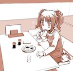  1girl :3 bag blush_stickers eating food fork frog hair_ornament idolmaster idolmaster_(classic) monochrome raglan_sleeves restaurant saxyun short_hair shoulder_bag sitting solo soy_sauce takatsuki_yayoi twintails 