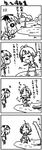  4koma ahoge comic crocodile crocodilian dancing greyscale hair_ribbon monochrome multiple_girls ribbon saxyun short_hair translation_request water 