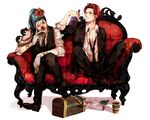  bad_id bad_pixiv_id blue_hair bottle bracelet buggy_the_clown couch crown cup jewelry male_focus mcr multiple_boys necklace necktie one_piece open_clothes open_shirt red_hair scar shanks shirt treasure_chest waistcoat 
