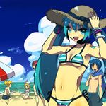  beach bikini blue_eyes blue_hair bottomless bracelet bracelets fujitsuna hat hatsune_miku jewelry kagamine_len kagamine_rin kaito lowres navel sun_hat swimsuit twintails vocaloid 