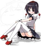  bad_id bad_pixiv_id black_hair blush chibi chibi_inset fa_no_hito geta hat kimeemaru looking_at_viewer panties red_eyes shameimaru_aya short_hair sitting skirt solo striped striped_panties tengu-geta thighhighs tokin_hat touhou underwear white_legwear yukkuri_shiteitte_ne 