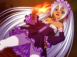  bare_shoulders dark_skin detached_sleeves dress fang fangs fingerless_gloves fire flat_chest gloves gothic gothic_lolita hand_on_hip lolita_fashion long_hair magic pantyhose purple_eyes pyrokinesis solo twintails upskirt very_long_hair vocaloid white_hair white_legwear xai yamine_aku 