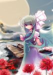  bad_id bad_pixiv_id boat ex-keine flower full_moon green_hair holding_hands horns kamishirasawa_keine lake long_hair looking_at_viewer moon out_of_frame outdoors red_eyes sky solo_focus spider_lily standing touhou usoneko very_long_hair watercraft 
