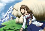  arc_the_lad arc_the_lad_ii bare_shoulders brown_hair cojibou dog eyes_closed female grass house lieza long_hair lying mountain sleeping whip 