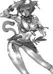  1girl animal_ears bare_shoulders bikini bracelet breasts cat_ears cat_tail cleavage dagger female ff11r18 final_fantasy final_fantasy_xi jewelry mithra monochrome necklace short_hair simple_background solo swimsuit tail weapon 