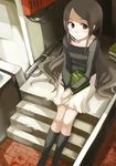  black_legwear book brown_eyes brown_hair copyright_request kneehighs long_hair sitting sitting_on_stairs smile socks solo stairs tansuke 