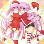  bad_id bad_pixiv_id blue_eyes brown_eyes christmas futaki_kanata hair_bobbles hair_ornament hat little_busters! long_hair multiple_girls purple_hair saigusa_haruka santa_costume santa_hat sato_toshiya scarf shorts striped striped_legwear thighhighs 