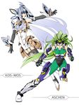  android aschen_brodel blue_hair boots breasts fighting_stance garter_straps green_eyes green_hair highres kos-mos kos-mos_ver._4 large_breasts long_hair multiple_girls ralsaz red_eyes simple_background super_robot_wars super_robot_wars_og_saga_mugen_no_frontier thigh_boots thighhighs very_long_hair xenosaga xenosaga_episode_iii 
