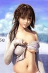  breasts brown_eyes brown_hair copyright_request derivative_work long_hair looking_at_viewer medium_breasts navel realistic sleeves_past_wrists solo underboob undressing walkalone 
