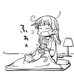  animal bed book cat copyright_request greyscale lamp lowres messy_hair monochrome pajamas saxyun solo yawning 