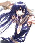  blue_eyes blue_hair d.gray-man doll kanda_yuu katana long_hair male_focus mouth_hold road_kamelot sketch solo stuffed_toy sword tattoo teeth uonuma_yuu weapon 