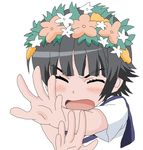  black_hair blush closed_eyes dysm flower hair_flower hair_ornament hands head_wreath sakugawa_school_uniform school_uniform serafuku short_hair solo to_aru_kagaku_no_railgun to_aru_majutsu_no_index uiharu_kazari 