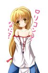  1girl arc_the_lad arc_the_lad_ii bare_shoulders blonde_hair blush dress female flat_chest highres lieza long_hair mille red_ribbon ribbon solo white_background yellow_eyes 