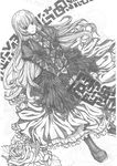  antediluvian bad_id bad_pixiv_id dutch_angle flower greyscale highres hijiri_byakuren long_hair monochrome rose scroll solo sorcerer's_sutra_scroll touhou traditional_media 