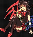  bad_id bad_pixiv_id black_hair black_legwear dark houjuu_nue legs pointy_ears red_eyes rex_k ribbon shoes short_hair short_sleeves sitting slit_pupils snake solo thighhighs touhou weapon wings zettai_ryouiki 