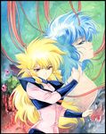  agahari blonde_hair blue_hair bodysuit iczer-1 iczer_(series) kanou_nagisa long_hair multiple_girls pink_bodysuit pointy_ears red_eyes tatakae!!_iczer-1 tears 